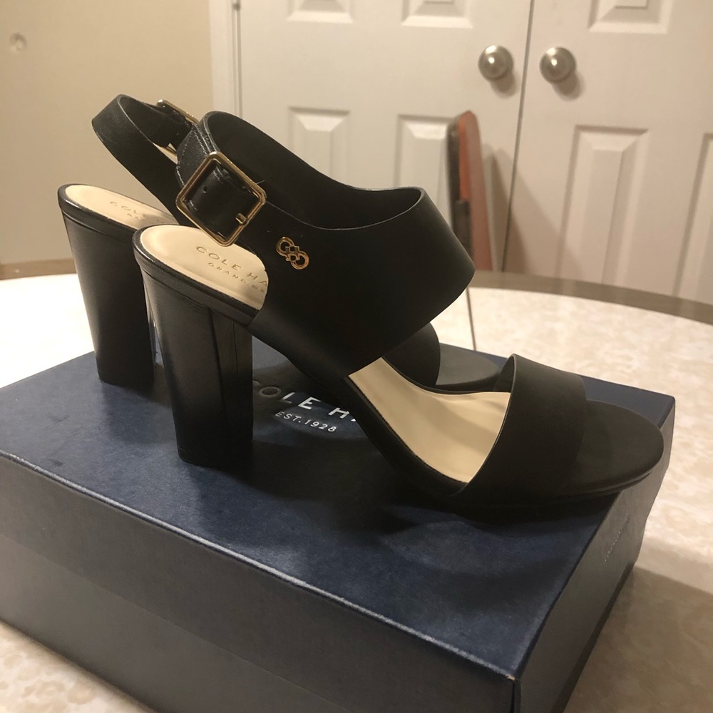 NWT Cole Haan Black Leather Sandals Heels 6.5 B